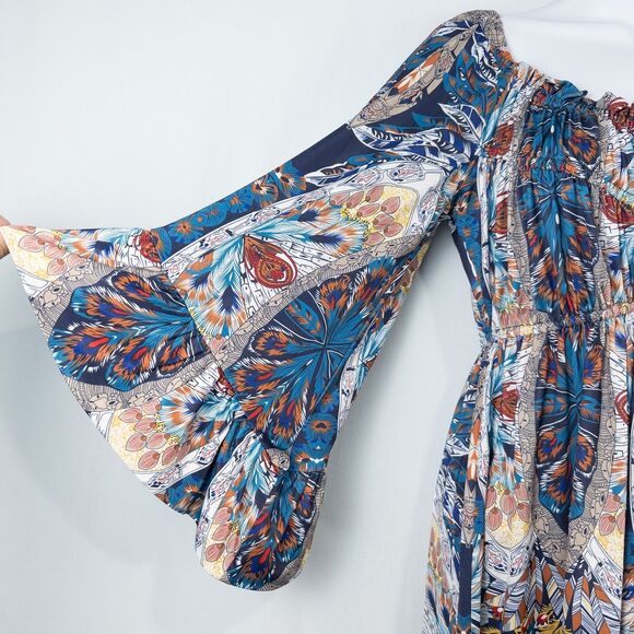 Boston Proper Royal Peacock Flare Sleeve Mini Dress Size Small Abstract Boho - Picture 6 of 16